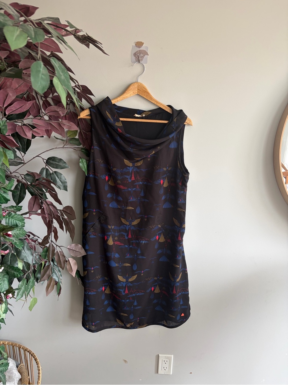 Skunkfunk Black Dress with Blue and Gold Bird Motif